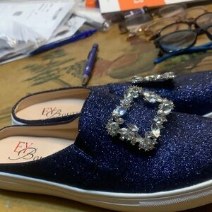 Navy Glitter Slip-On Sneakers with Jewel Buckle